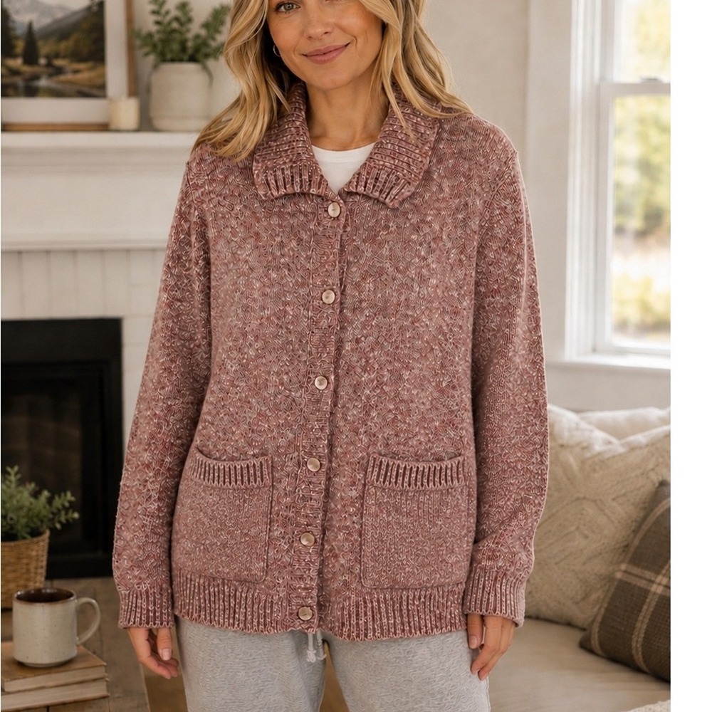 Edinburgh Woollen Mill Large Cardigan Sweater Shetland Wool Cotton Pink Scotland
